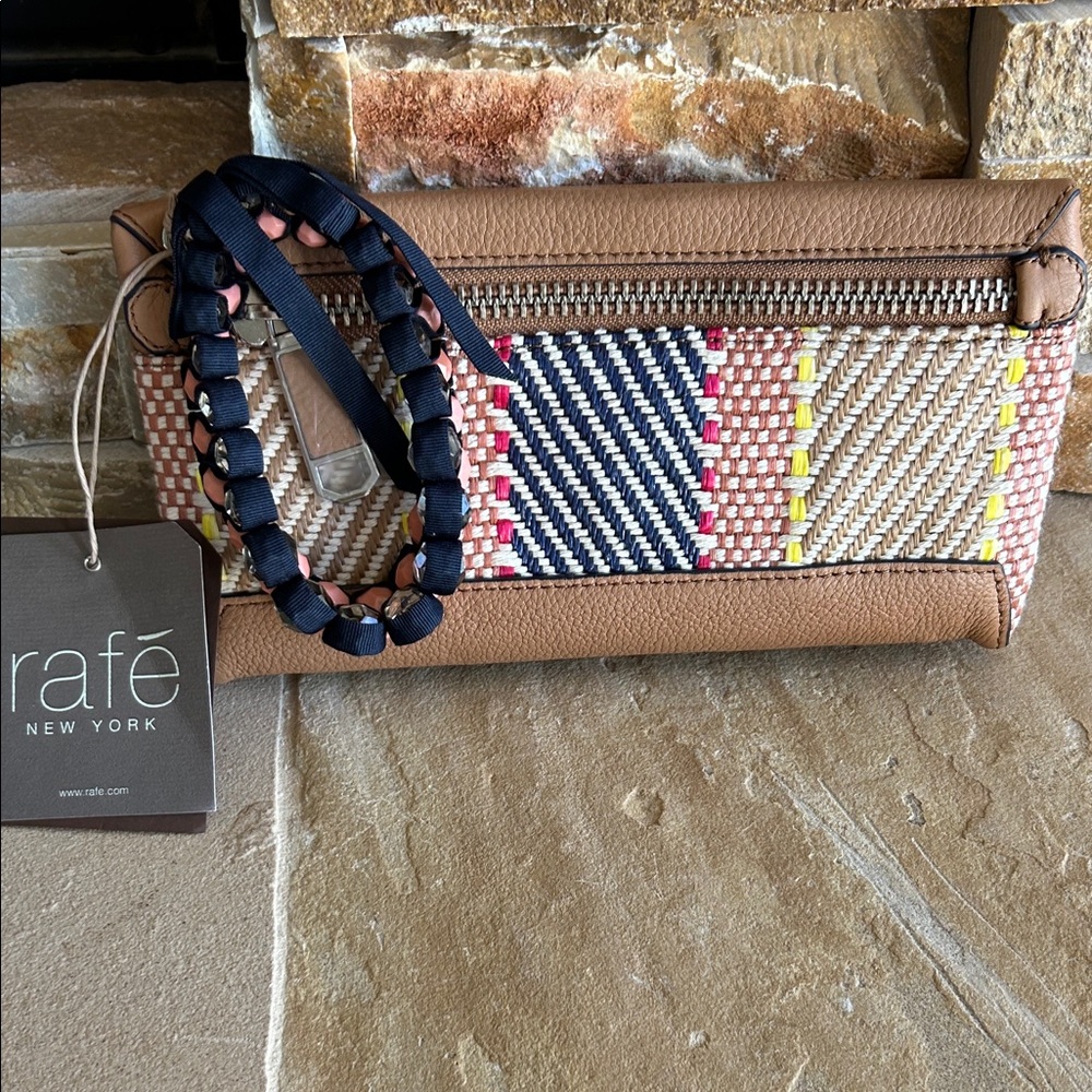 Rafe New York Celia Tan Multi Woven Leather Foldover Clutch Bag NWT 60315643-3SB